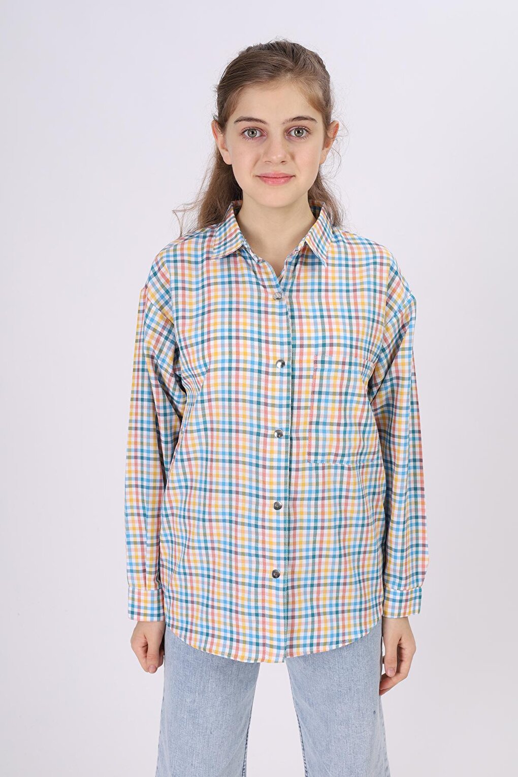 Girl's Piti Square Patterned Plaid Shirt 9-14 Years Lx180-1