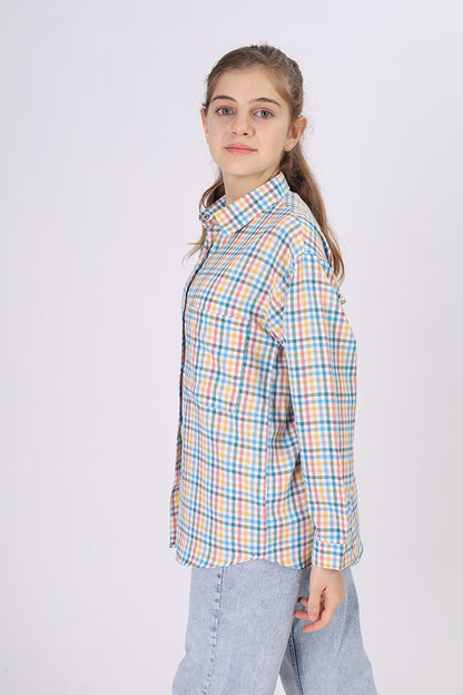 Girl's Piti Square Patterned Plaid Shirt 9-14 Years Lx180-1