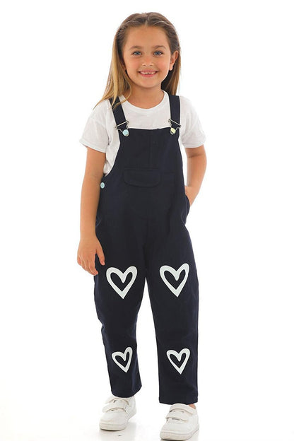 Girl's Navy Blue Colored Heart Printed Kangaroo Pocket Salopet