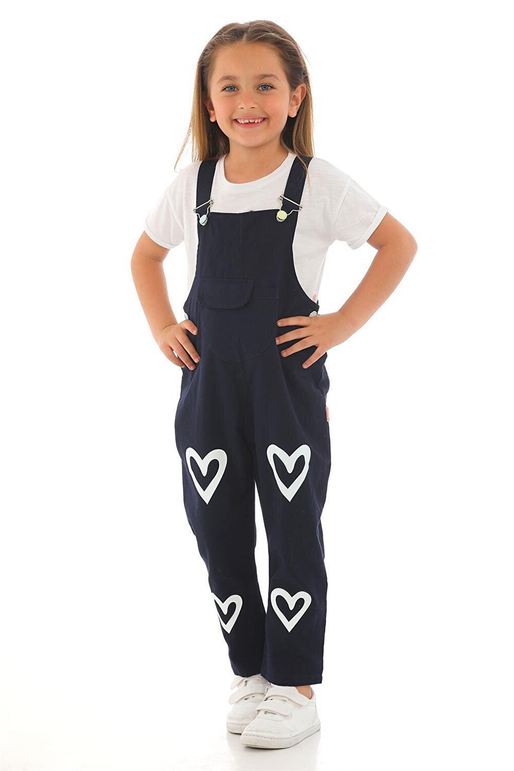 Girl's Navy Blue Colored Heart Printed Kangaroo Pocket Salopet