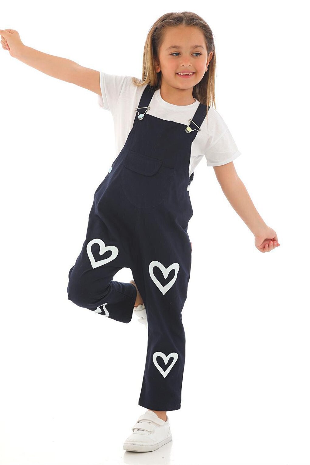 Girl's Navy Blue Colored Heart Printed Kangaroo Pocket Salopet