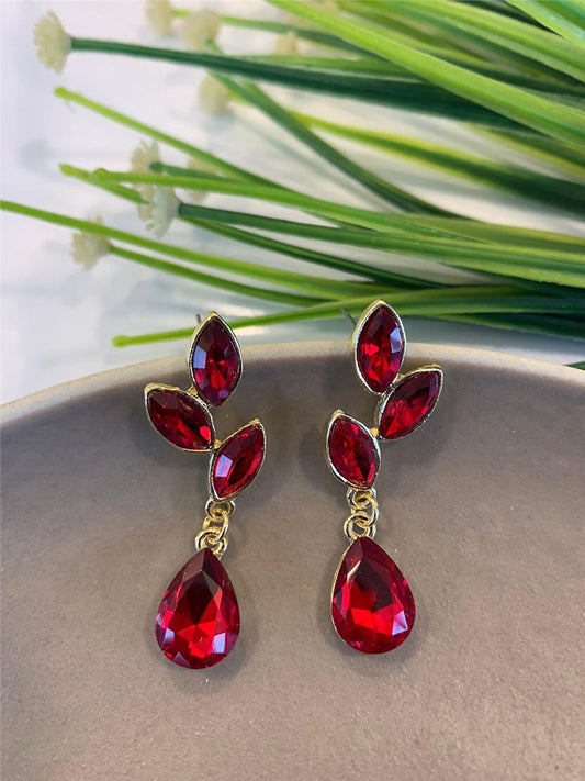 Red Crystal Stone Leaf Earrings