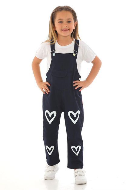 Girl's Navy Blue Colored Heart Printed Kangaroo Pocket Salopet