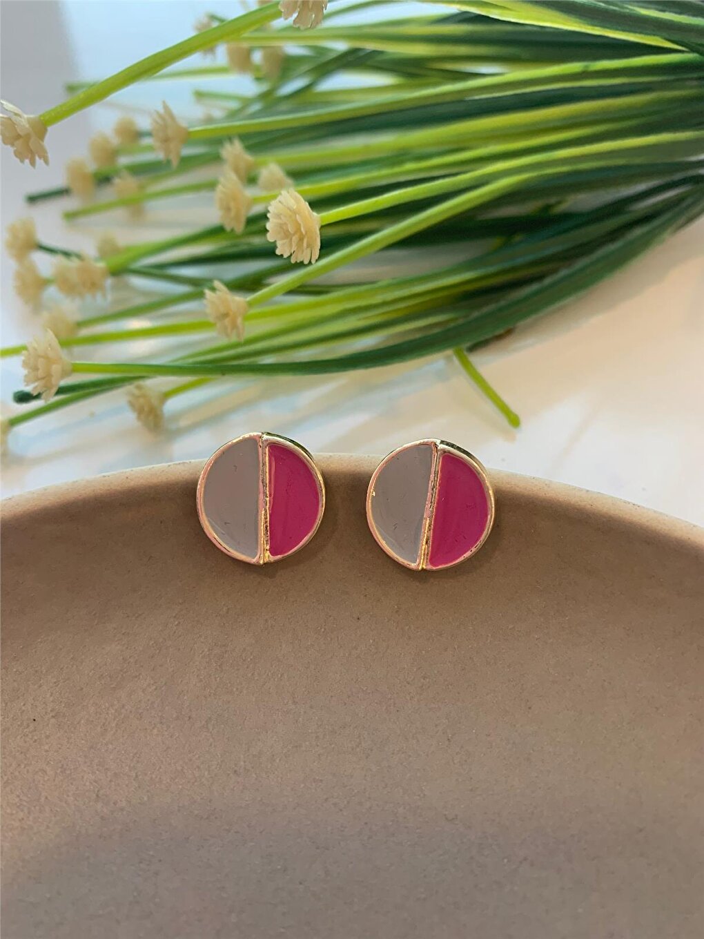 Fuchsia Gray Circle Earrings