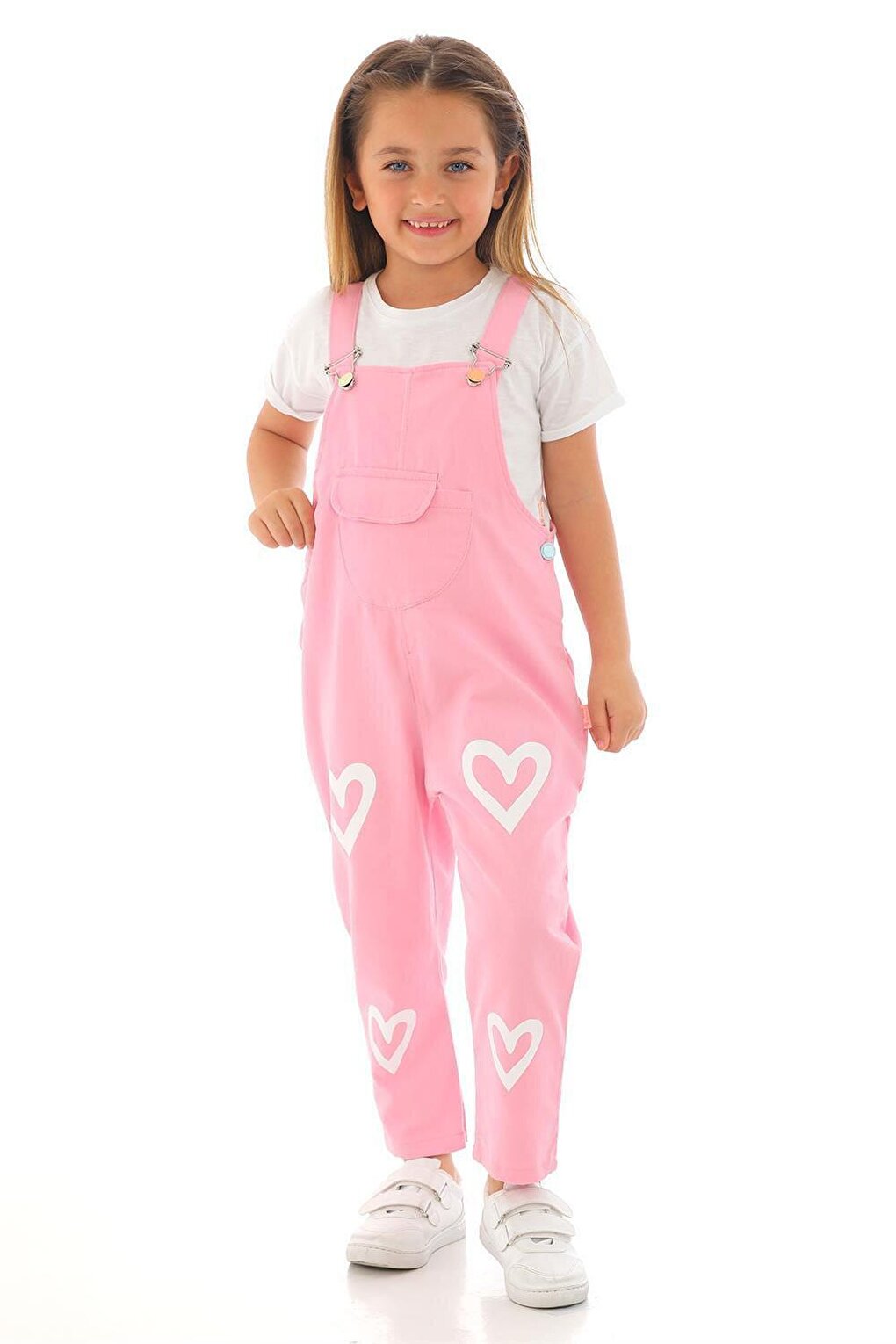 Girl's Pink Colored Heart Printed Kangaroo Pocket Salopet