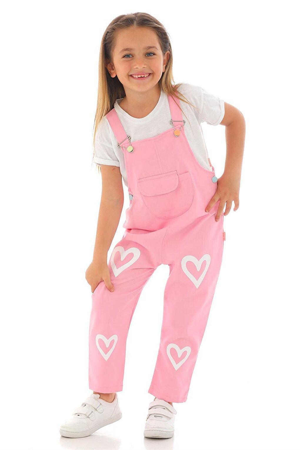 Girl's Pink Colored Heart Printed Kangaroo Pocket Salopet