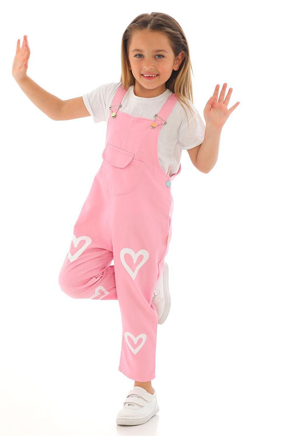 Girl's Pink Colored Heart Printed Kangaroo Pocket Salopet