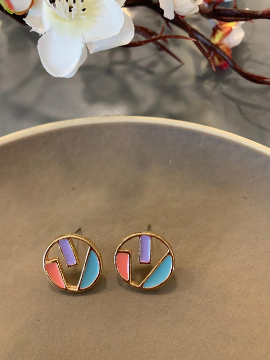 Lilac Blue Pink Geometric Circle Earrings