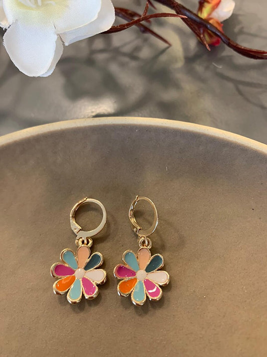 Colorful Flower Dangle Hoop Earrings