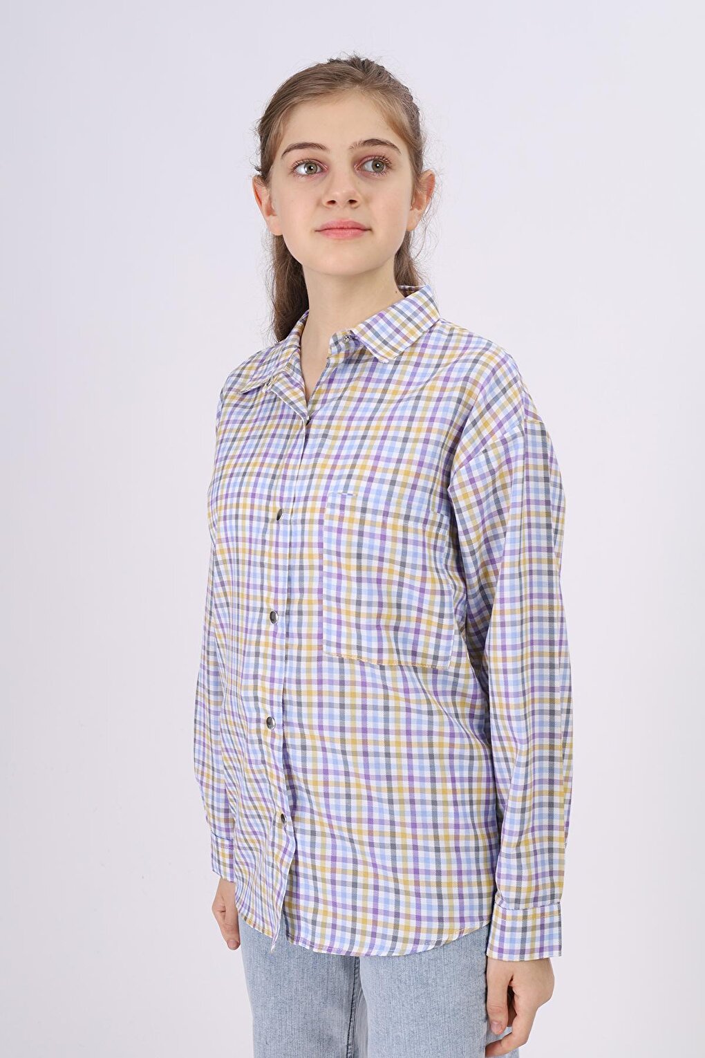 Girl's Piti Square Patterned Plaid Shirt 9-14 Years Lx180-1