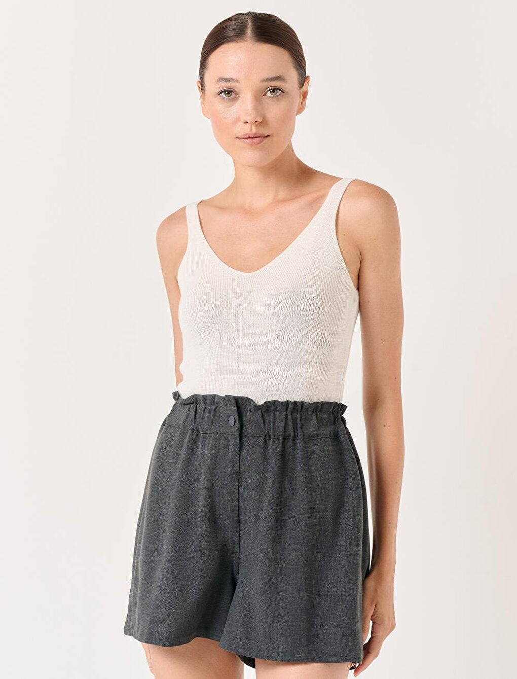 Anthracite Loose Cut High Waist Plain Linen Shorts