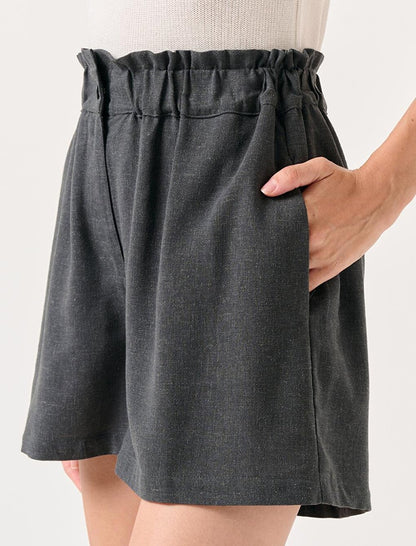 Anthracite Loose Cut High Waist Plain Linen Shorts