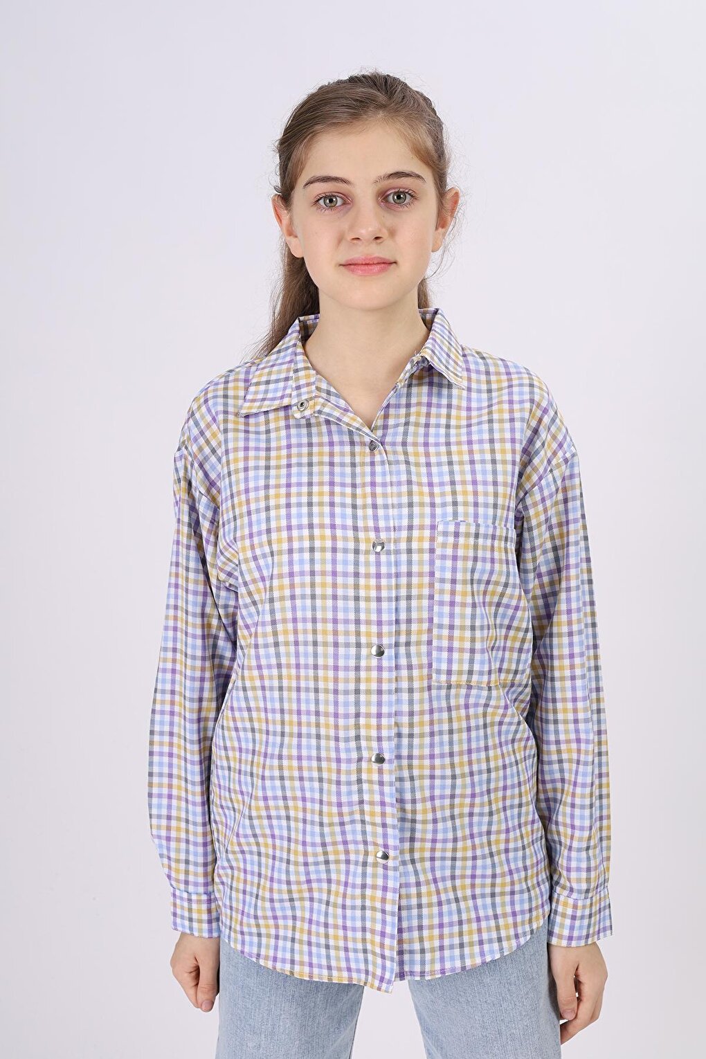 Girl's Piti Square Patterned Plaid Shirt 9-14 Years Lx180-1