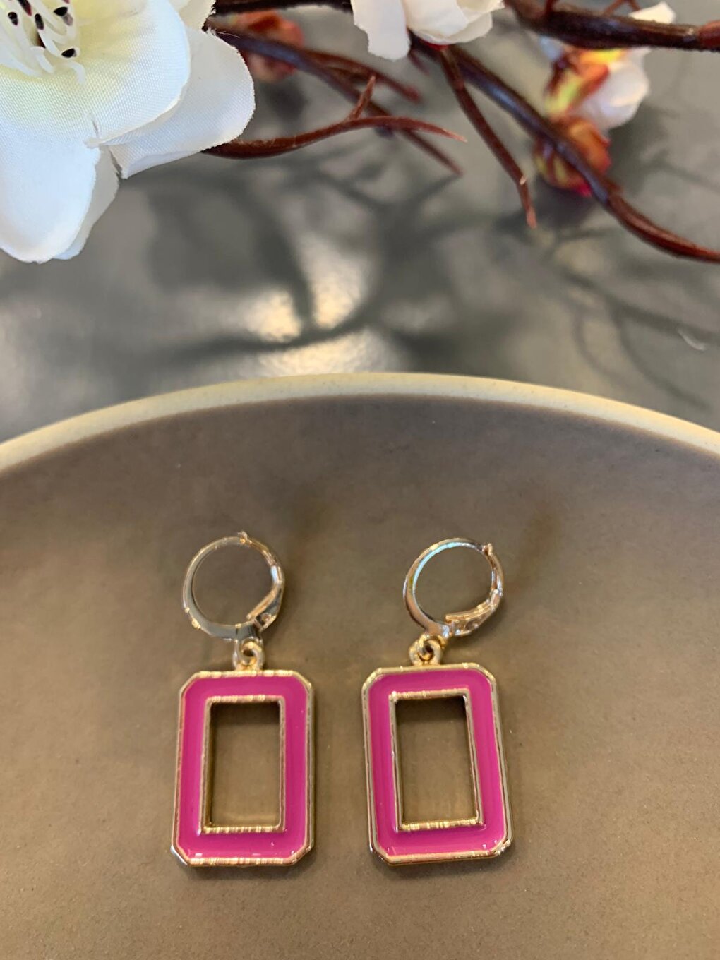 Fuchsia Rectangular Dangle Hoop Earrings