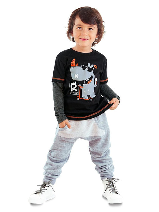 Rhino Boy's Black T-shirt Tracksuit Set