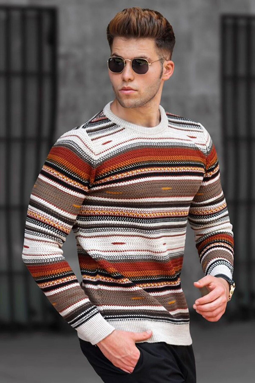 Beige Color Block Men's Sweater 5150