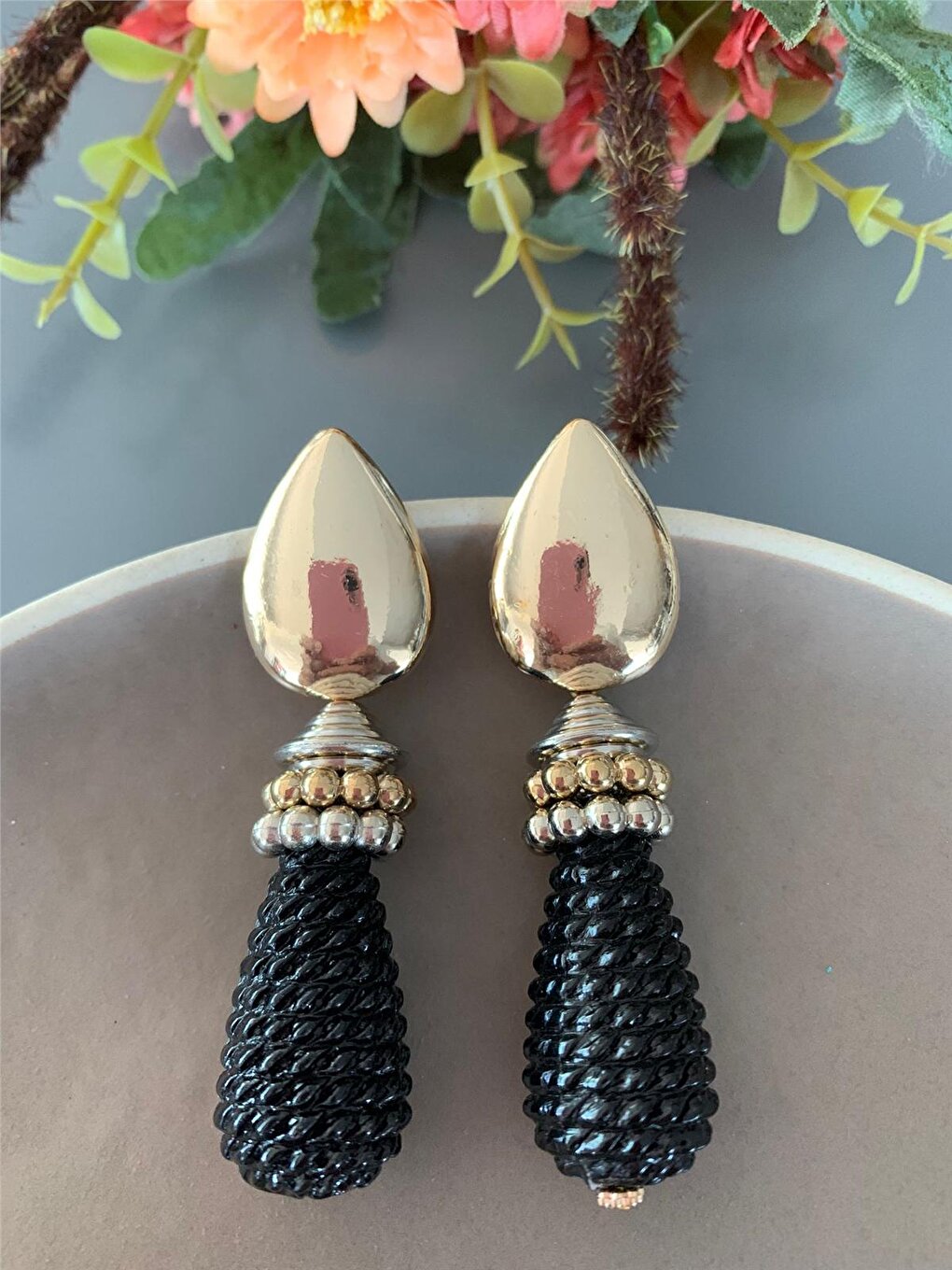 Black Braided Detailed Drop Beaded Design Earrings