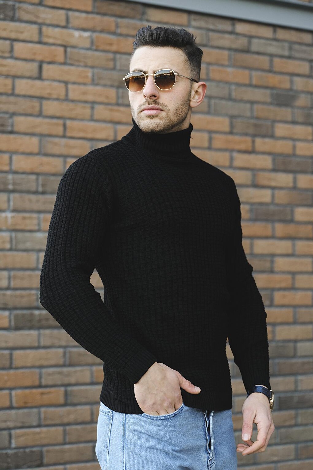 Axton Slim Fit Square Pattern Turtleneck Sweater