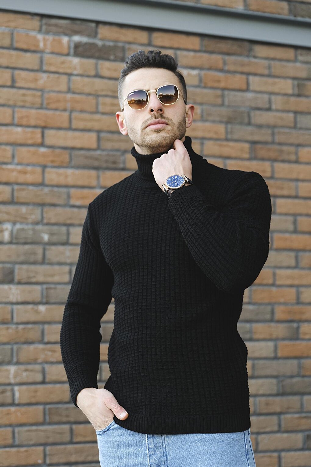 Axton Slim Fit Square Pattern Turtleneck Sweater