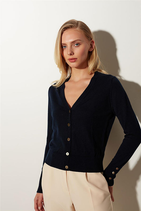 Navy Blue V-Neck Basic Knitwear Cardigan SWC4646LA