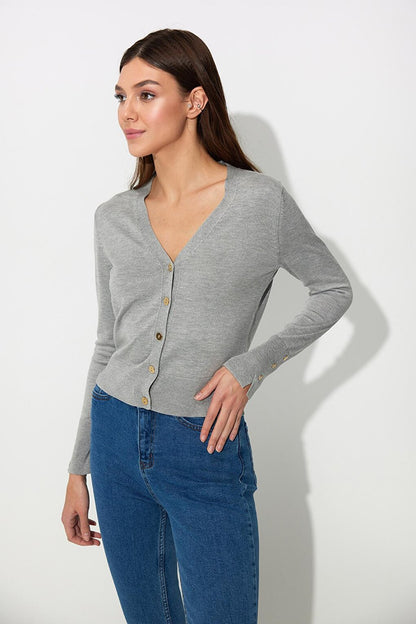 Gray Melange V-Neck Basic Knitwear Cardigan SWC4646GM