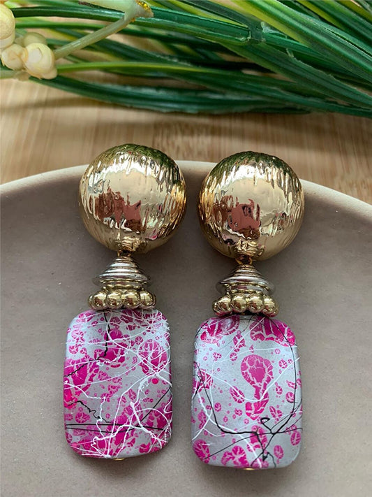 Fuchsia Marbled Pattern Beaded Design Earrings