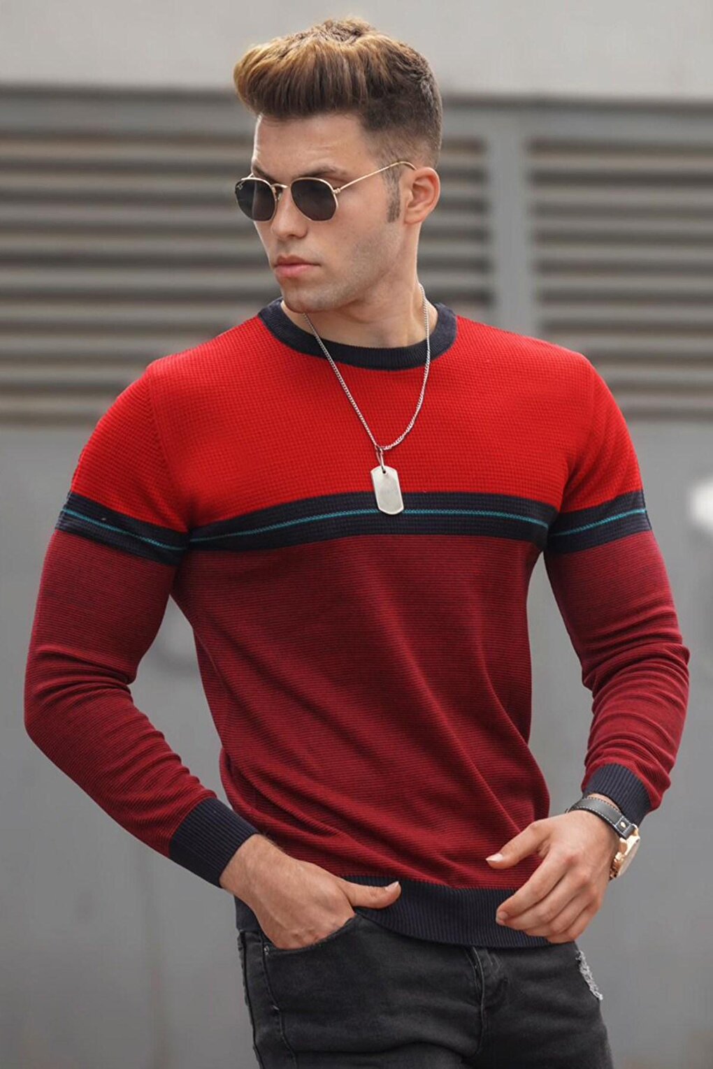 Red Stripe Detailed Men's Sweater 5148