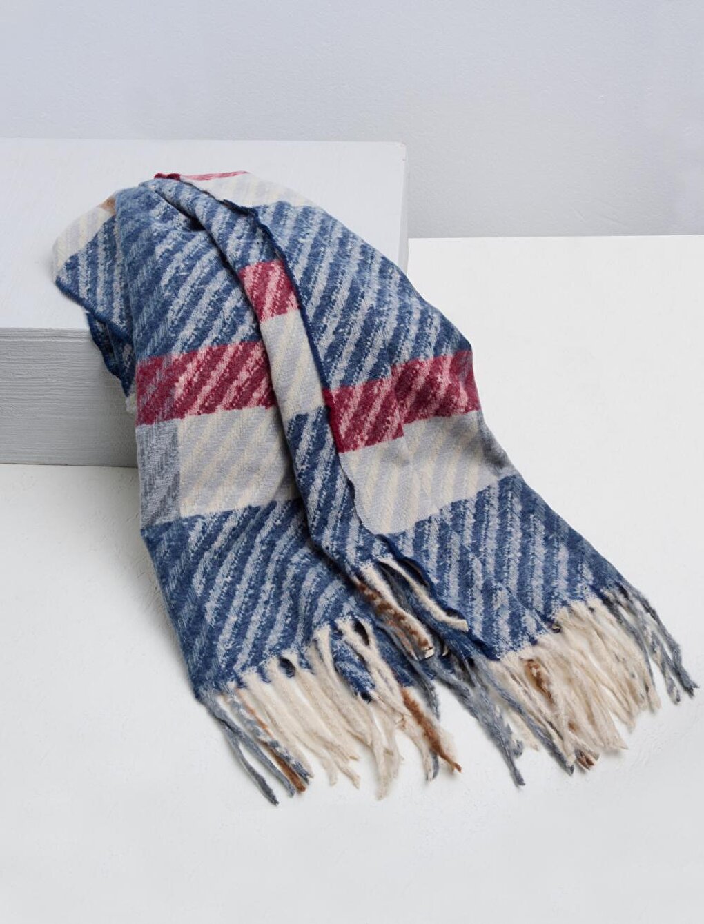 Navy Blue Stripe Patterned Soft Textured Shawl