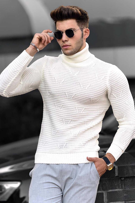 White Patterned Turtleneck Sweater 4689