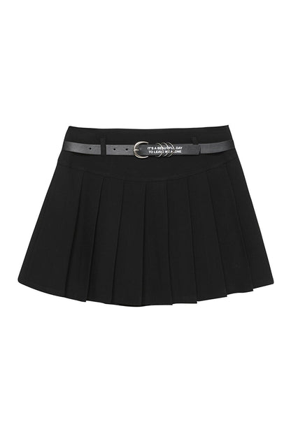 Belt Detailed Pleated Mini Skirt Black