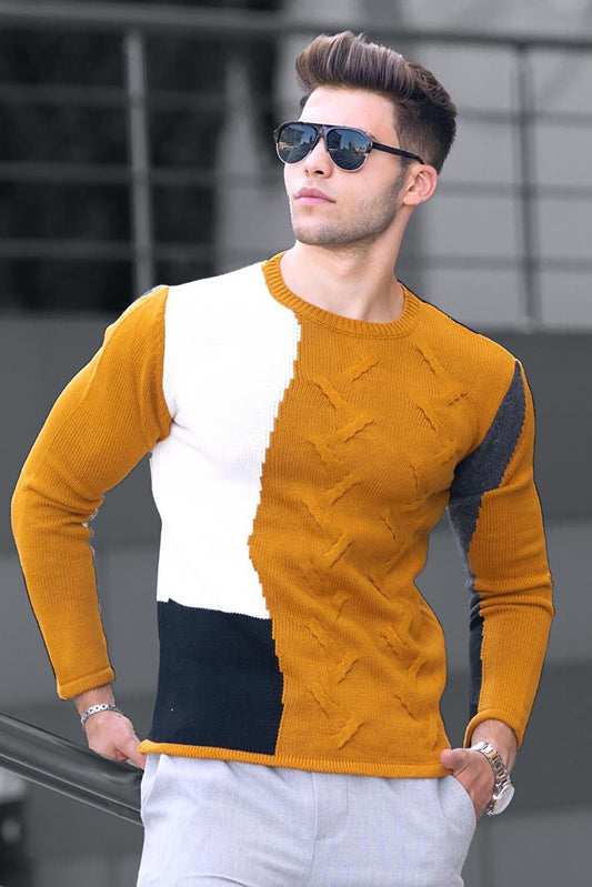 Knit Detailed Color Blocked Crew Neck Mustard Men's Sweater 2770