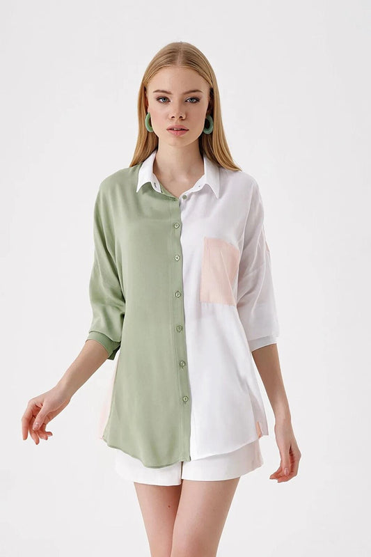 Women's Green Color Block Oversize Viscose Shirt