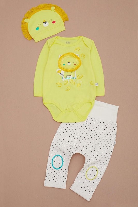 Yellow Lion Printed Snap Fastener Baby Boy 3 Piece Set 17359