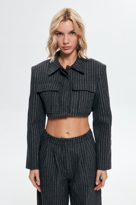 Pocket Detailed Striped Crop Jacket Anthracite