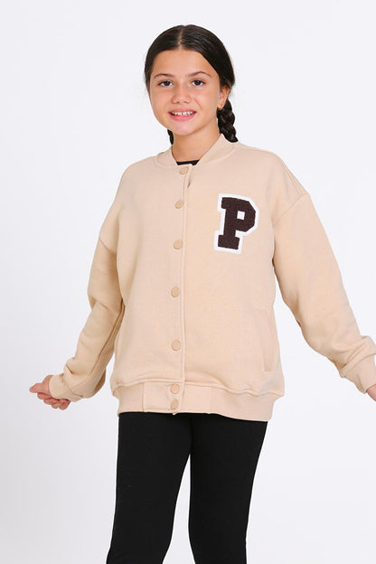 Girl's Beige Vernichten Embroidered College Jacket