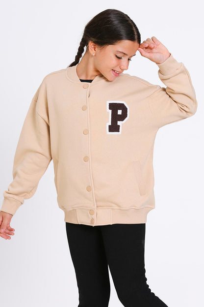 Girl's Beige Vernichten Embroidered College Jacket