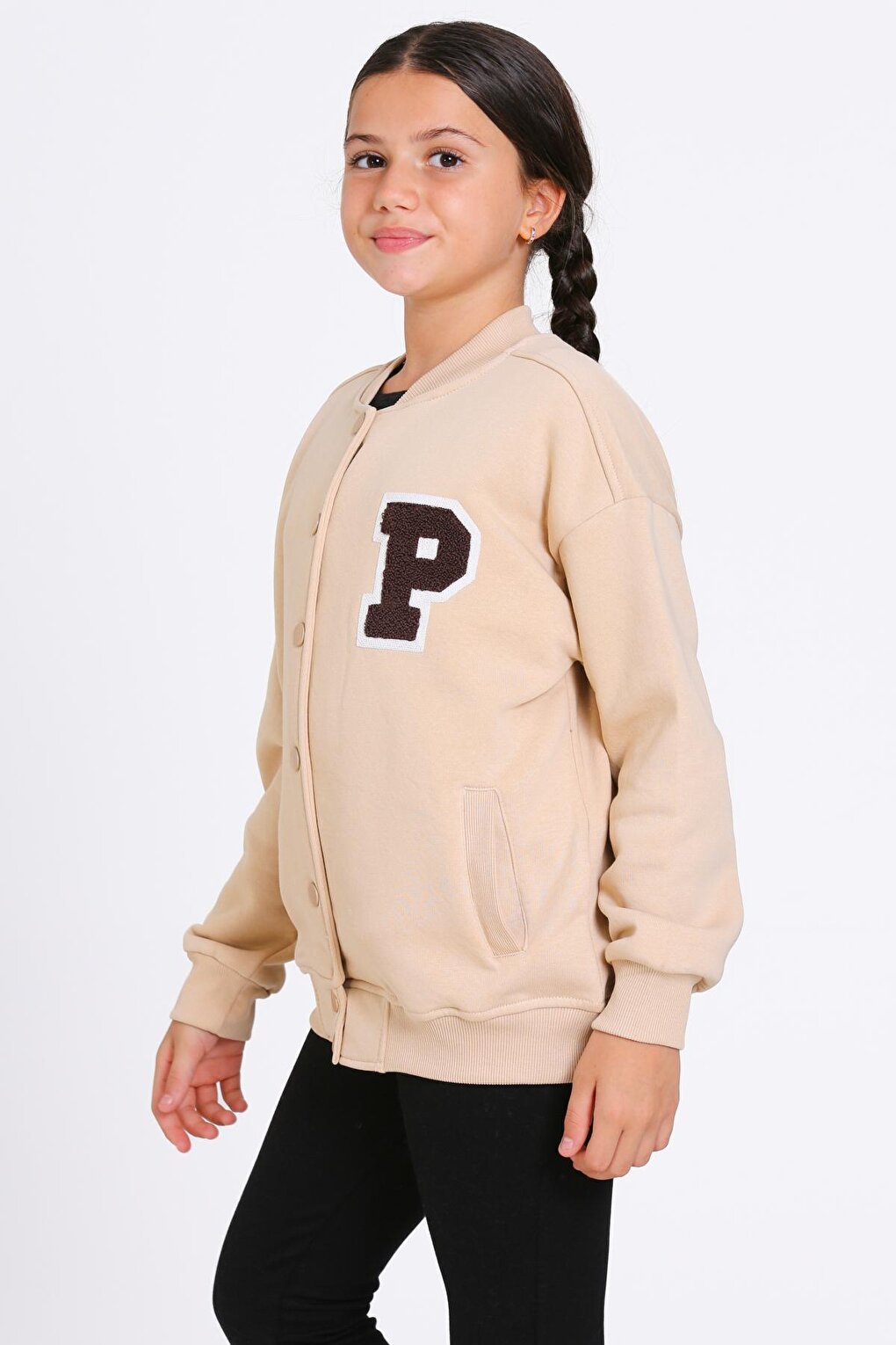 Girl's Beige Vernichten Embroidered College Jacket