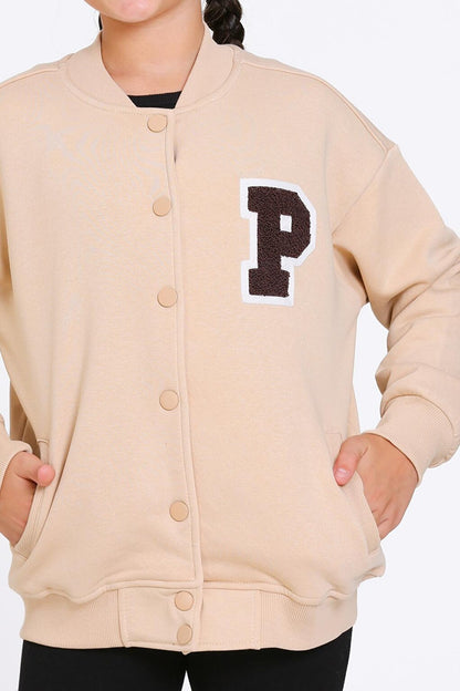 Girl's Beige Vernichten Embroidered College Jacket