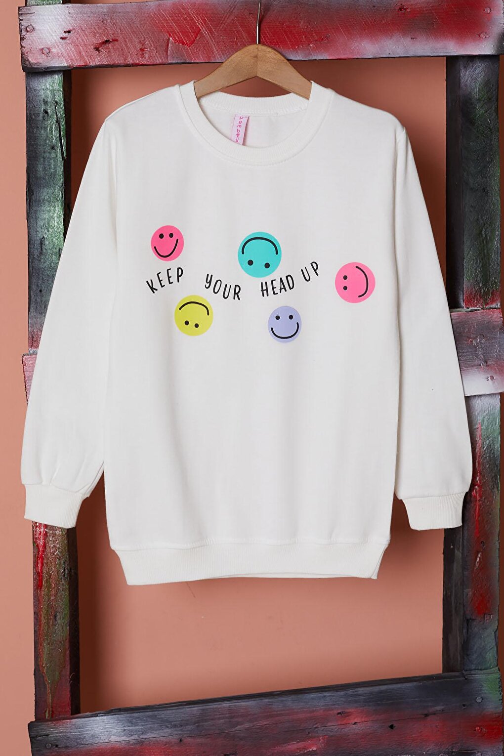 Ecru Smiling Face Printed Girl's Crew Neck Sweatshirt 17286