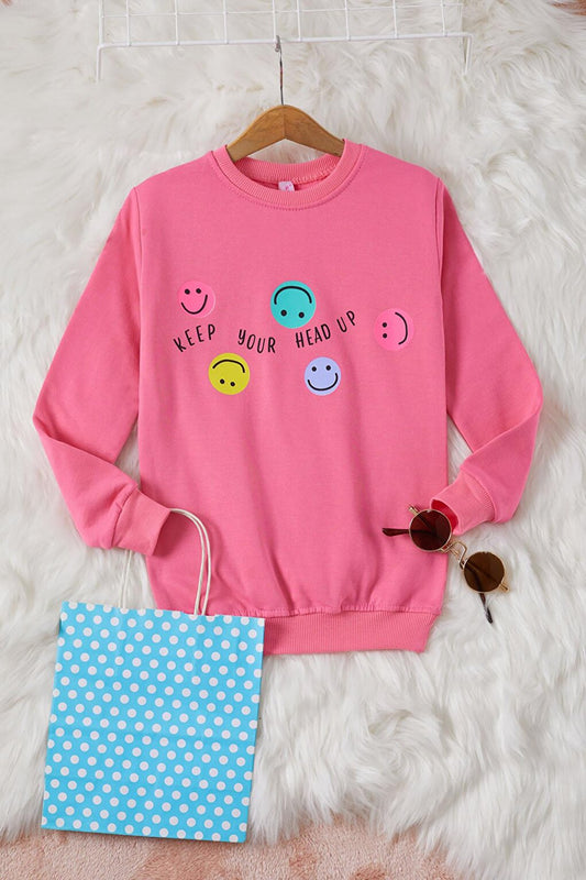 Pink Smiley Face Printed Girl's Crew Neck Sweatshirt 17282