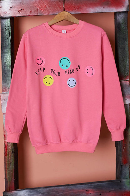 Pink Smiley Face Printed Girl's Crew Neck Sweatshirt 17282