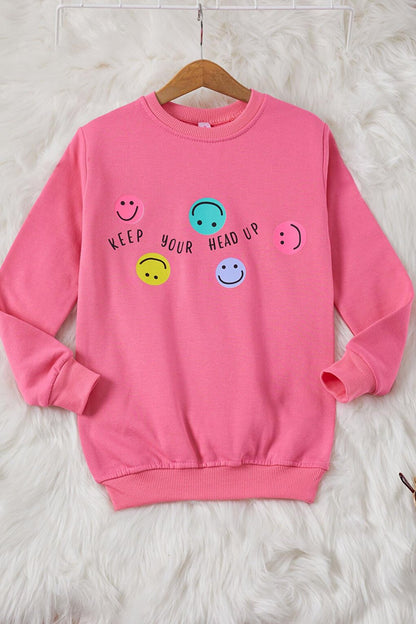 Pink Smiley Face Printed Girl's Crew Neck Sweatshirt 17282