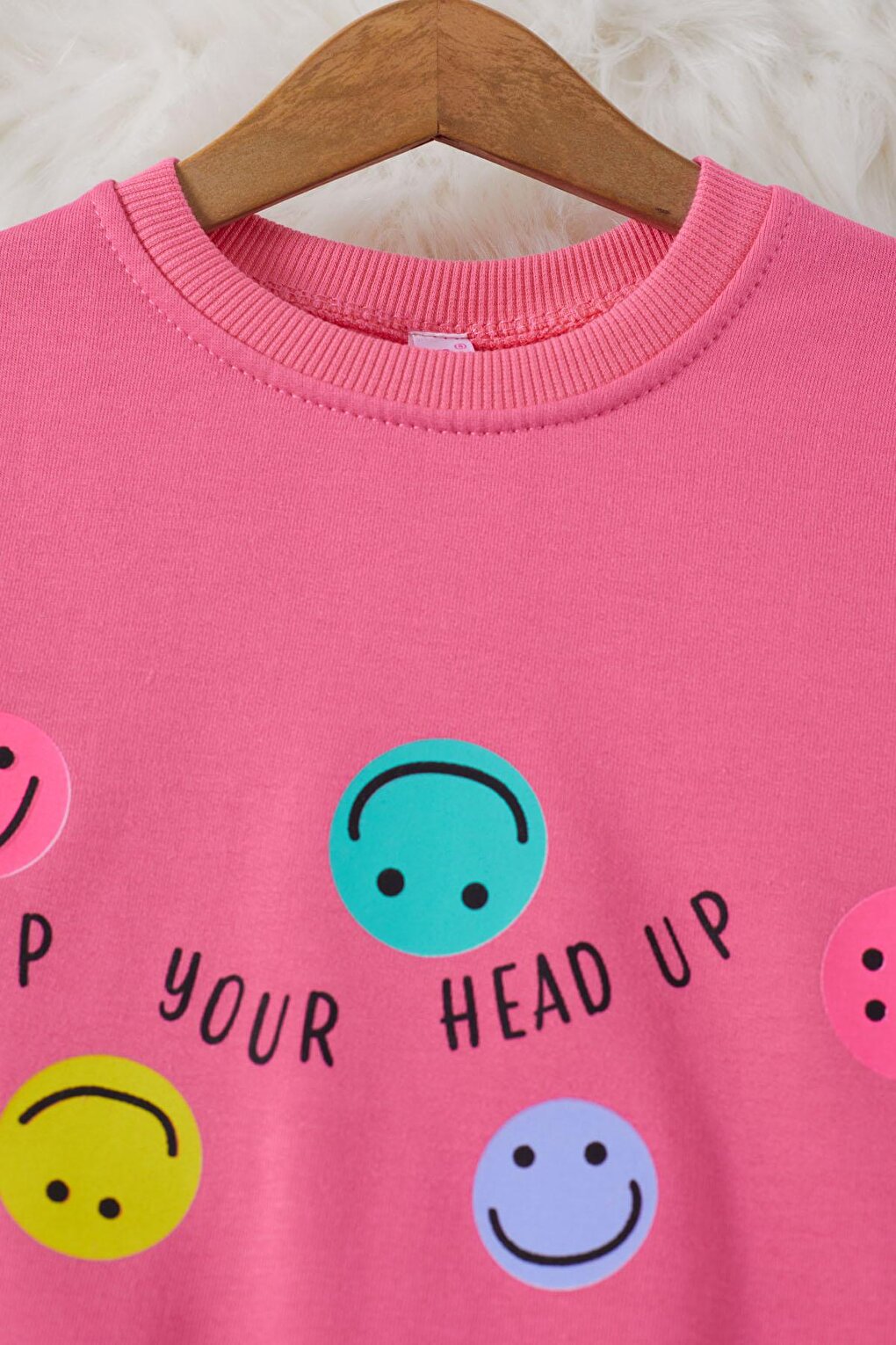 Pink Smiley Face Printed Girl's Crew Neck Sweatshirt 17282