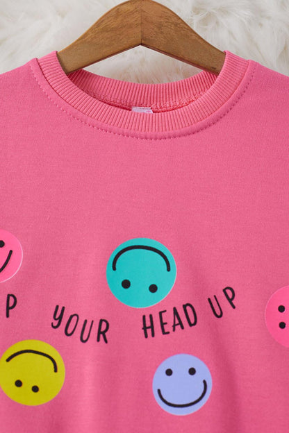 Pink Smiley Face Printed Girl's Crew Neck Sweatshirt 17282