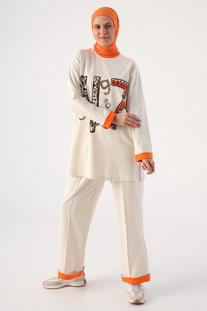 Ecru Cotton Pajama Set with Printed Garnish