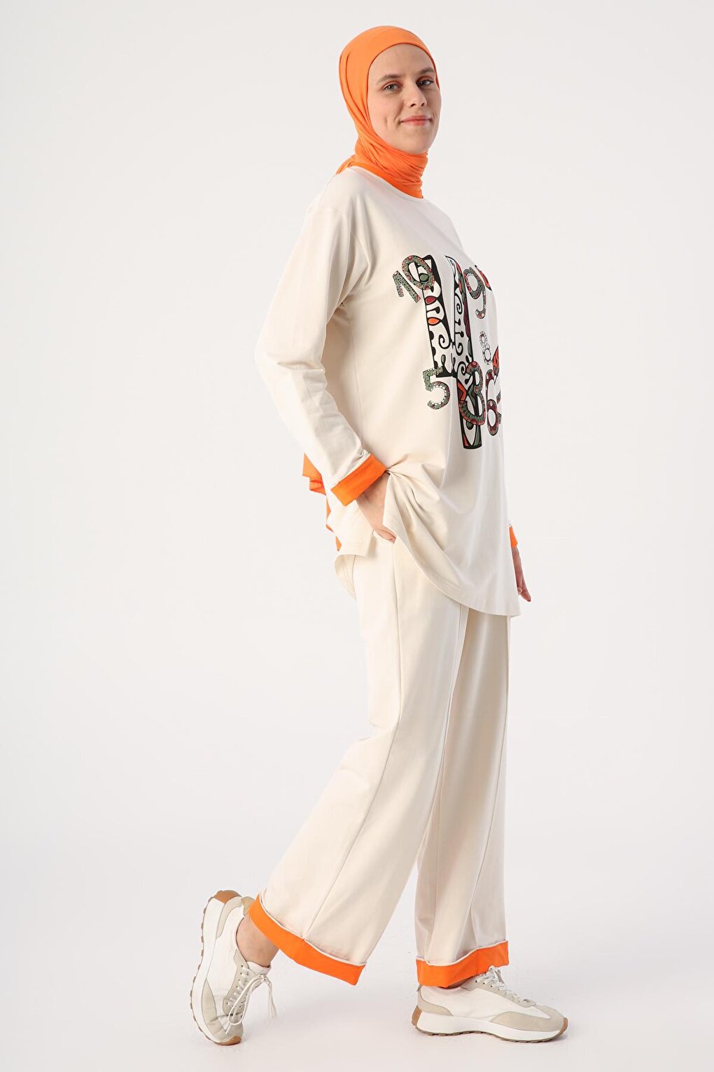 Ecru Cotton Pajama Set with Printed Garnish