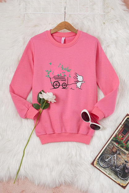 Pink Floral Rabbit Printed Girl's Sweatshirt 17279