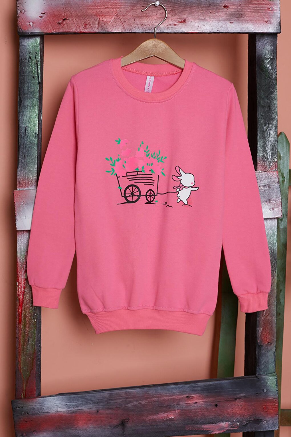 Pink Floral Rabbit Printed Girl's Sweatshirt 17279