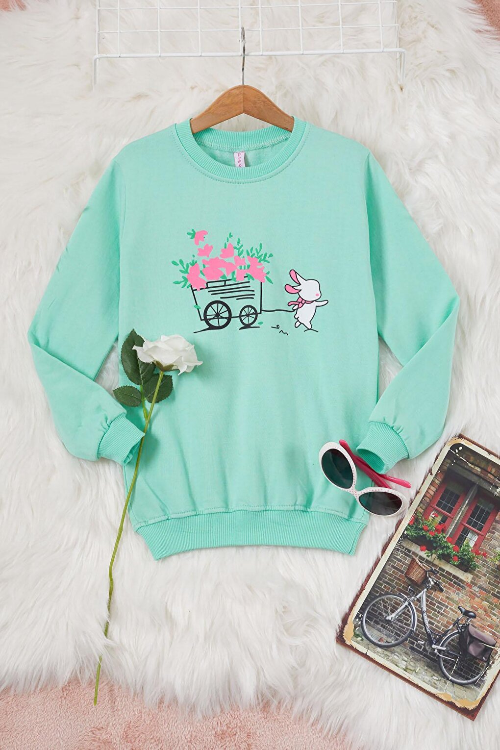 Green Floral Rabbit Printed Girl's Sweatshirt 17276