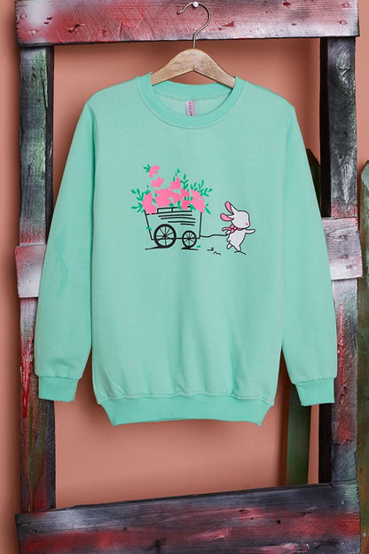 Green Floral Rabbit Printed Girl's Sweatshirt 17276